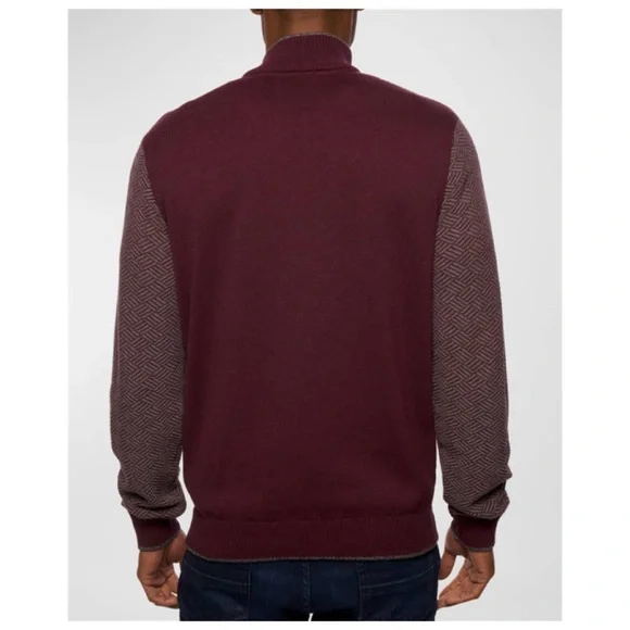 NWT Alan Flusser Quarter Zip Herringbone Knit Sweater Burgundy XL - Picture 2 of 11